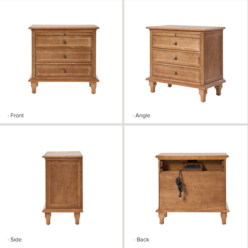 Arthelia Traditional 3 - Drawer Nightstand with Built-in Charging Station and Pull-out Shelf (Set of 2)