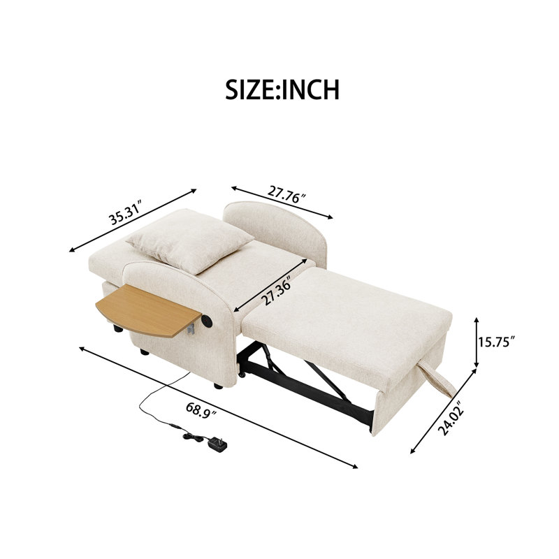 3-In-1 Convertible Sleeper Chair Bed, Beige