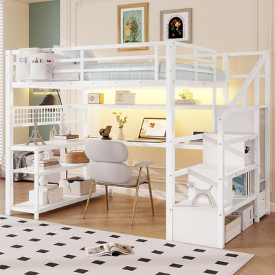 Lit mezzanine double en métal avec rangement pour escalier et station de charge à DEL intégrée