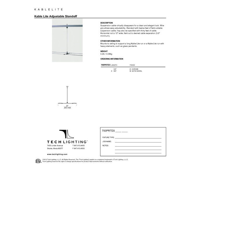 Kable Lite Adjustable Standoff, Satin Nickel, 144"