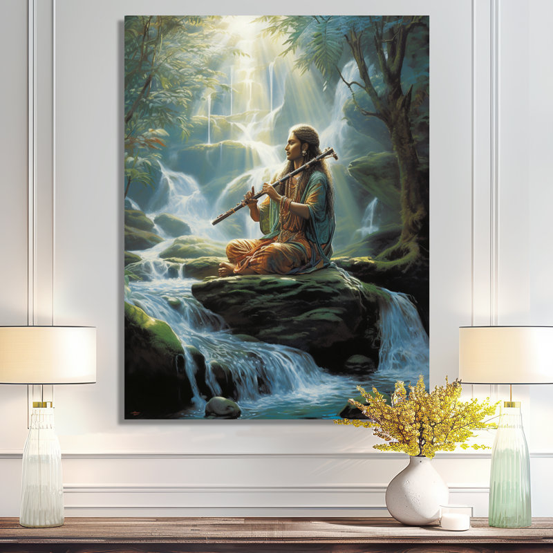 Joueur de flûte sur rocher dans la rivière - musicien, art mural, salon, Toile tendue, H 32 po x l 16 po x P 1 po