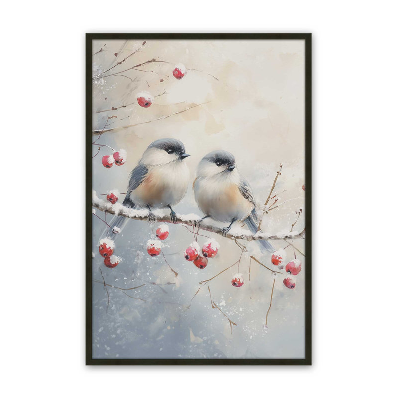 Deux oiseaux chanteurs d'hiver, reproduction d'art, 18 po x 24 po, Noir satiné