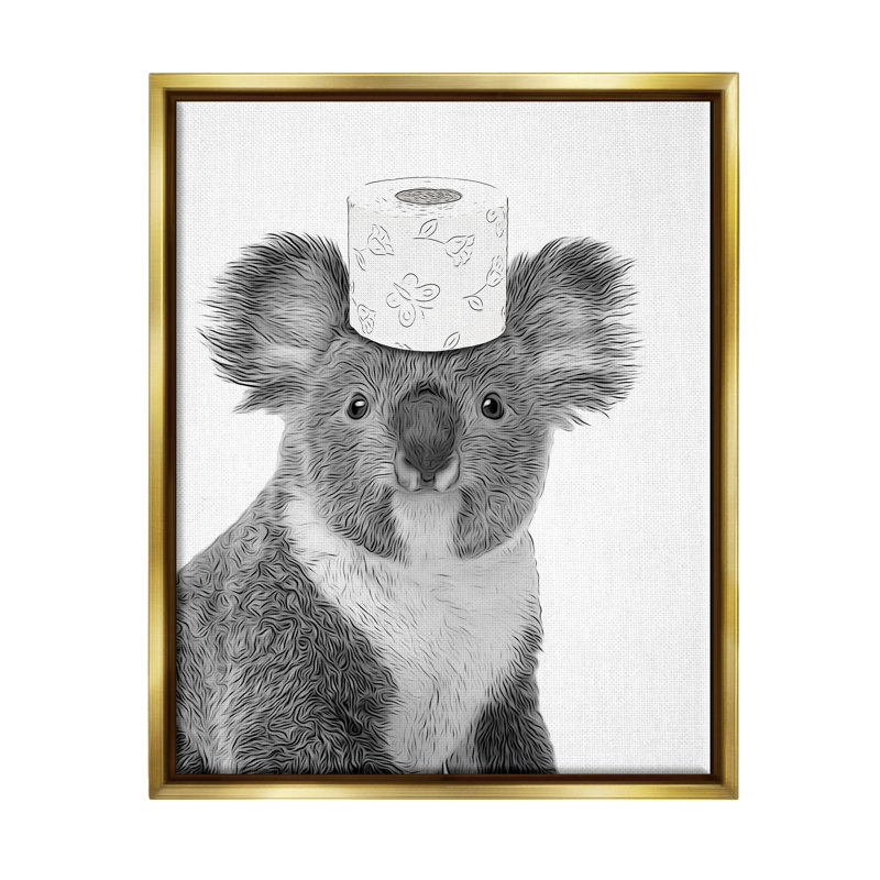 Koala et papier hygiénique par Annalisa Latella, H 31 po x l 25 po x P 1,7 po, Cadre flottant métallique doré