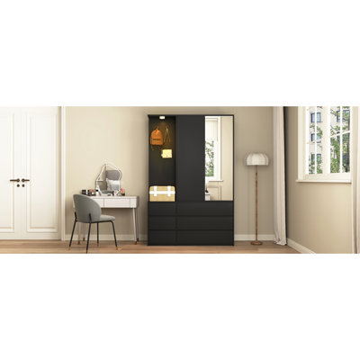 Garde-robe H 71,7 po, garde-robe de chambre en bois avec 2 portes et 6 tiroirs, armoire de rangement pour vêtements moderne avec tablettes de rangement et rail de suspension, noir