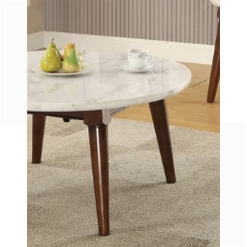 Table basse avec plateau en marbre blanc et noyer - Centre de table rond indémodable, facile à nettoyer