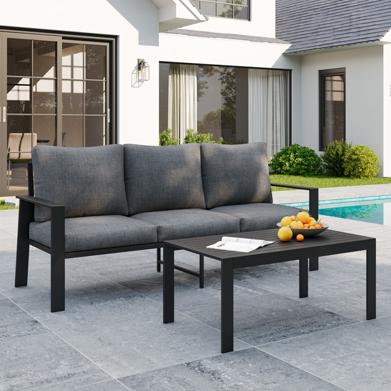 3-Person Aluminum Outdoor Sofa with Aluminum Coffee Table, Gray