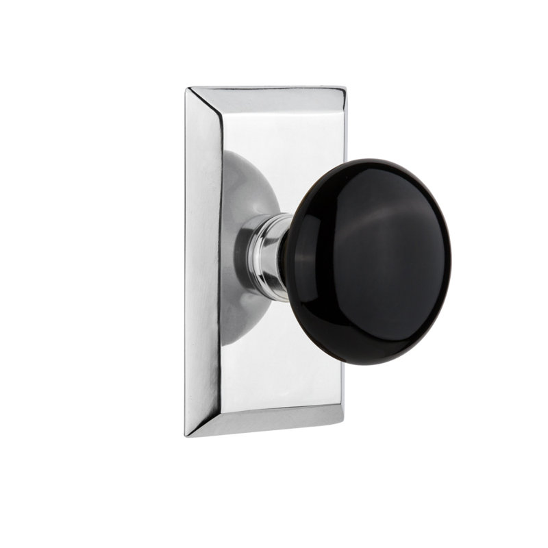 Studio Plate with Black Porcelain Door Knob, Bright Chrome, 2.375"