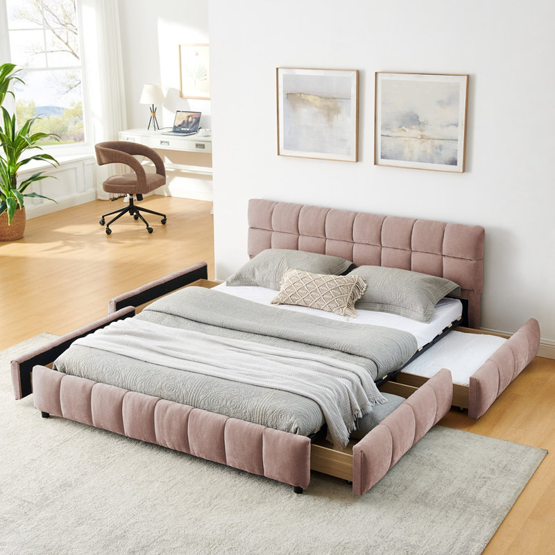 Grand lit tapissier, structure de lit rembourrée confortable, tissu chenille, avec tête de lit et base de lit solide. Avec tiroir pour le rangement.