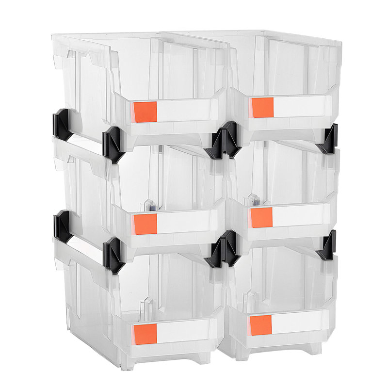 Bacs de rangement en plastique empilables, 14,8 x 8,5 x 7,1 pouces (paquet de 6), contenants en plastique pour organiser et bacs de rangement pour placard, garage, petites pièces, fournitures de bureau, autres accessoires, transparent