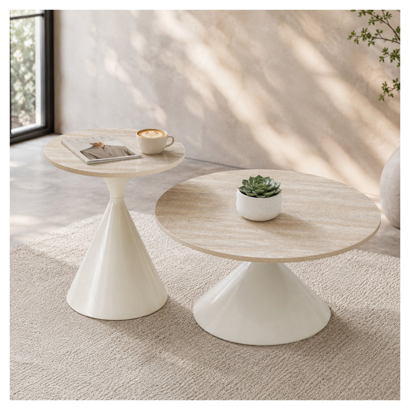 Ensemble de tables basses rondes blanches et en travertin avec base en sablier