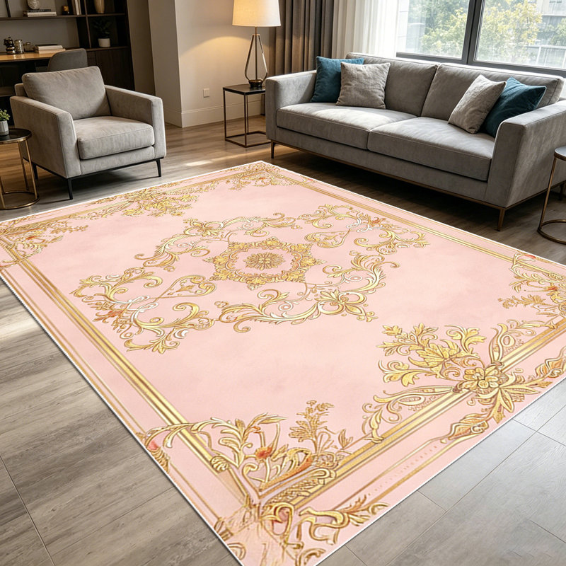 1PC Vintage Pink Gold Baroque Damask area rugs for Living Room, Soft and Comfortable, Suitable for all seasons, easy-to-maintain, machine washable Indoor floor mat, Under Table Farmhouse suitable for dining room, bedroom, entryway, kitchen, patio,