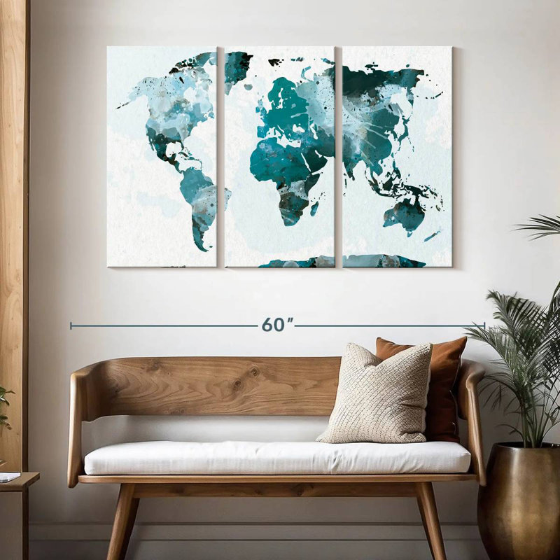 Aliaz Turquoise Splash World Map, 32" H x 50" W