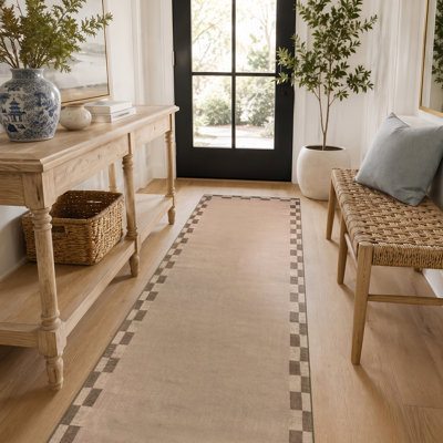 Checkerboard Border Sand Beige Machine Washable Non-Slip Backing Area Rug