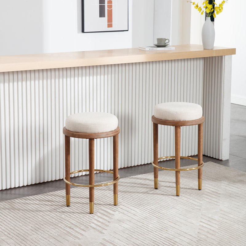 Upholstered Backless Bar Stool with Finished Footrest (Set of 2), Linen - Beige Seat/ Brown Frame