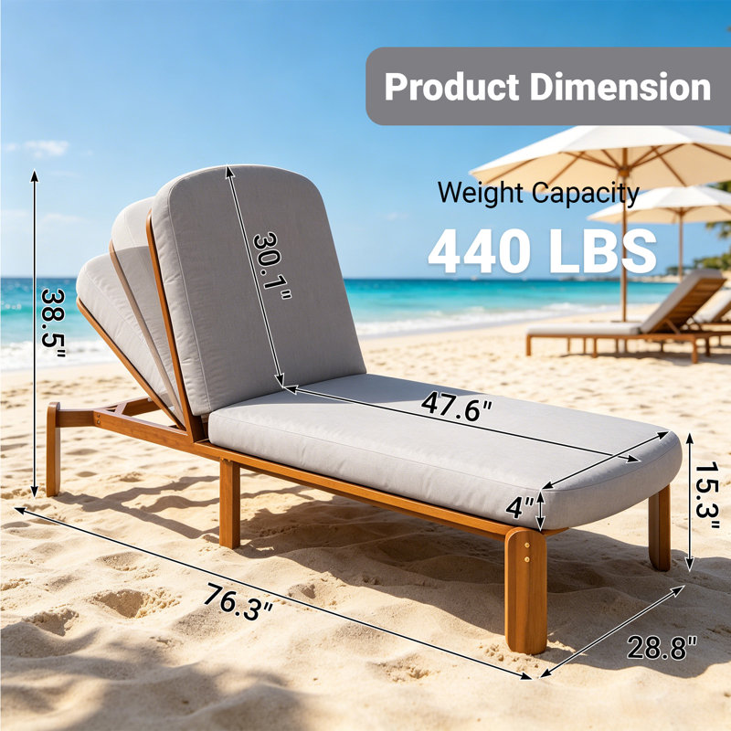 Outdoor Chaise Lounge Chair, Adjustable Patio Reclining Chair With 3-position Backrest, Solid Wood Pool Lounge Chairs With Cushions For Patio, Poolside Or Beach