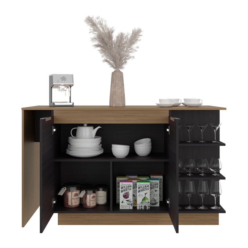 Îlot de cuisine avec armoire de rangement et porte-verre à vin, wengé et chêne naturel Urie
