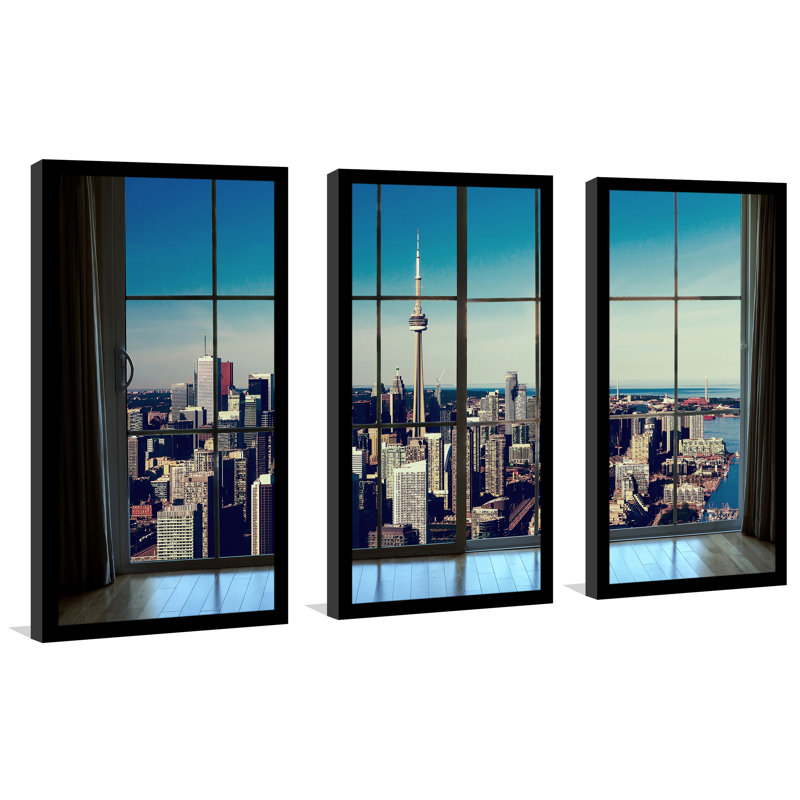 «Downtown Toronto pendant la journée», ensemble de 3 reproductions de photos encadrées, H 33,5 po x l 52,5 po x P 1 po
