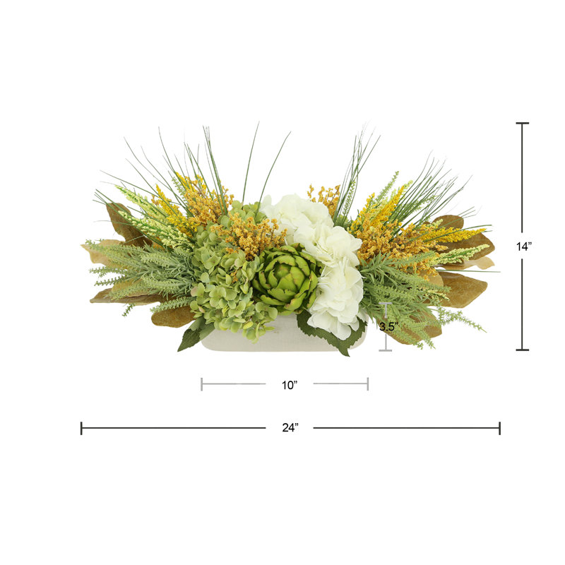 Centre de table hortensia, bruyère et artichaut en pot ovale