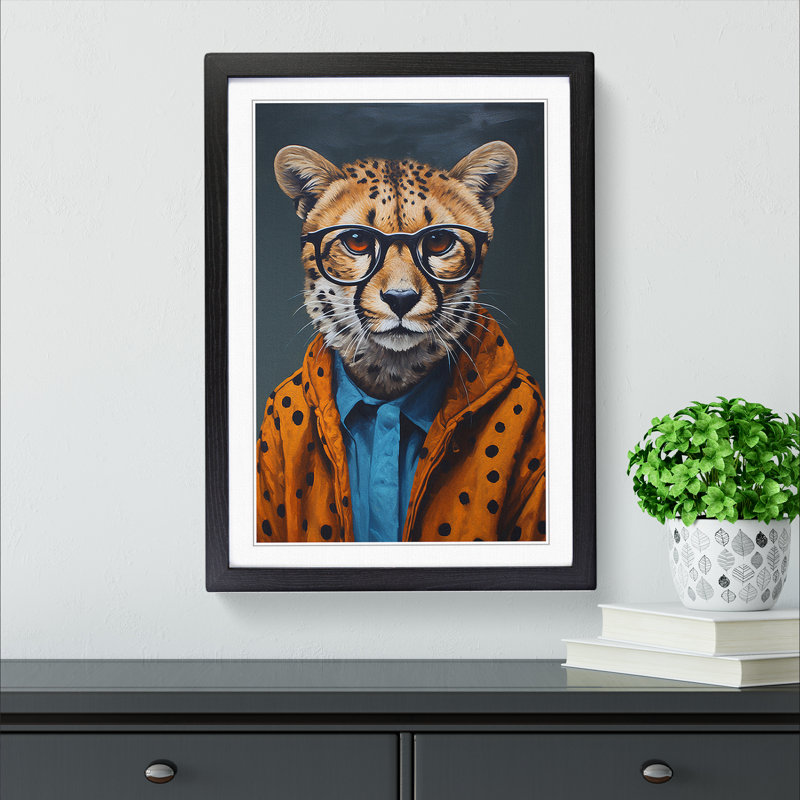 Cheetah With Glasses - Single Picture Frame Print on Wood, Black , 46cm H x 34cm W x 2cm D