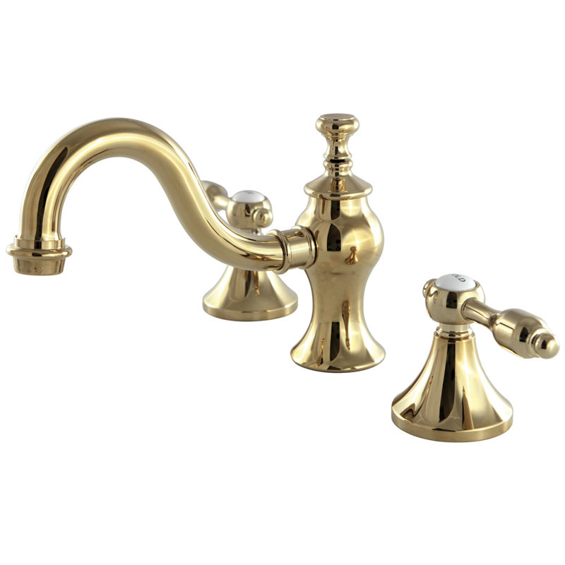 Kingston Brass Tudor Two-Handle 3-Hole Deck Mount Widespread Bathroom Faucet with Brass Pop-Up Drain, Polished Brass