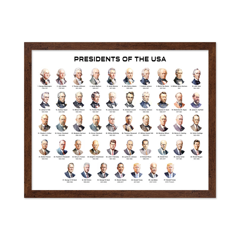 Présidents des États-Unis, H 12 po x l 16 po, Affiche, Encadrement brun