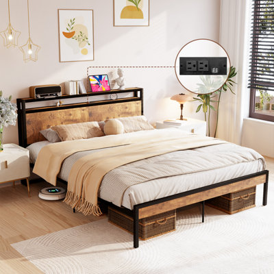 [Full/Queen/King] Size Metal Platform Bed Frame with Wooden Headboard & Footboard – USB Ports, No Box Spring Needed, 10" Under-Bed Storage, 600LBS Capacity, Easy Assembly (Black/Brown)