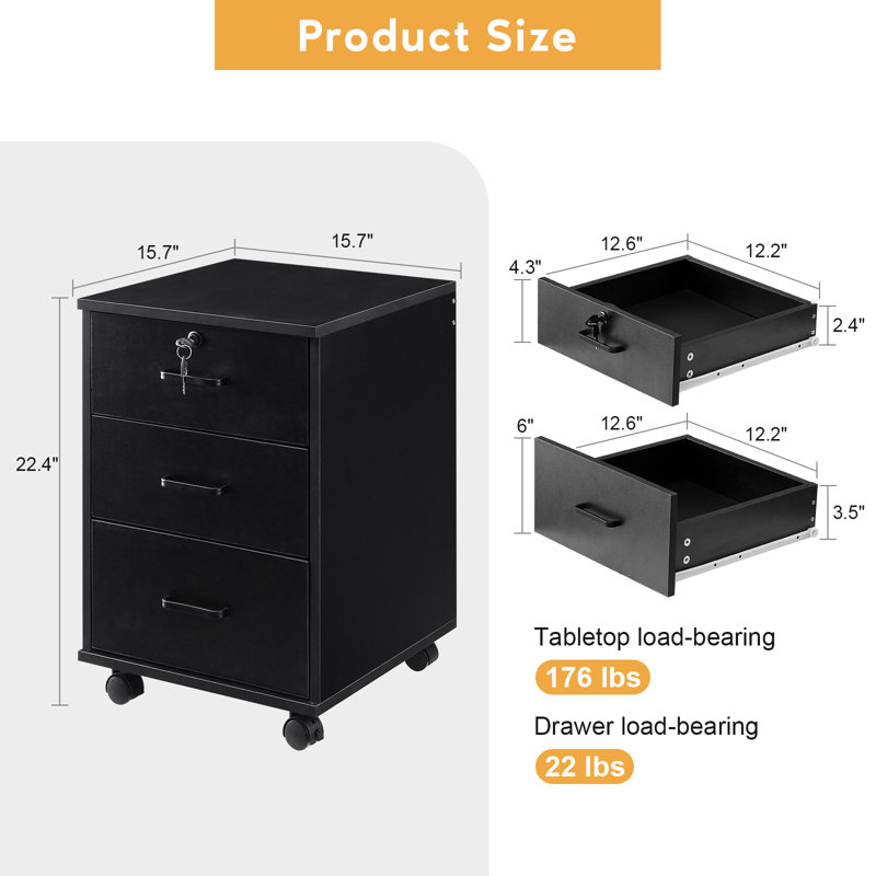 40cm Wide 3 -Drawer Mobile File Cabinet, Black