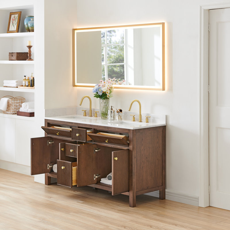 Meuble-lavabo double 60 po avec miroir Lala, Chêne brun brossé