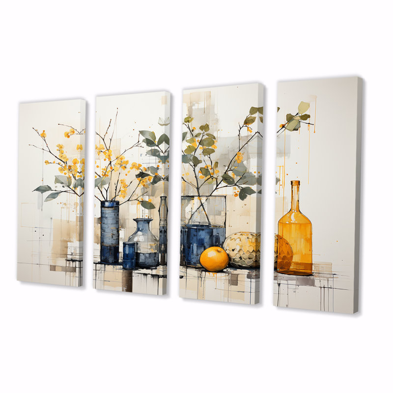 Bleu et jaune agrume Boho Pottery II - Boho Pottery, ensemble de 4 pièces d'art mural, H 32 po x l 64 po