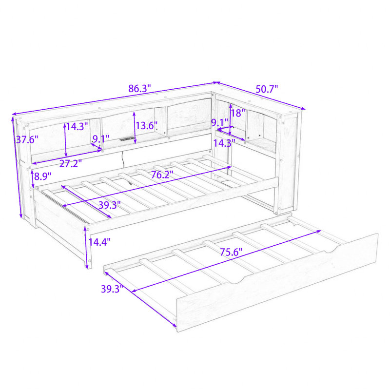 Postfield Twin Storage Platform Bed with Trundle, USB Ports and Shelves, White