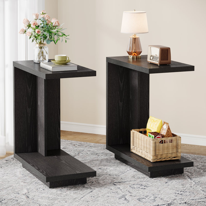 C-shaped Side Table Set  Of 2, 2-tier Narrow End Table Wood Bedside Table Nightstand