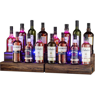 Ensemble de 2 tablettes de bar en bois éclairées à DEL, support pour bouteilles de vin à 2 niveaux avec éclairage bleu pour sirop de spiritueux, mini-bar