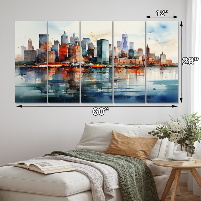 «Dreamy New York Scenery Retro Watercolor I», impression d'art mural de la ville de New York - 5 panneaux égaux