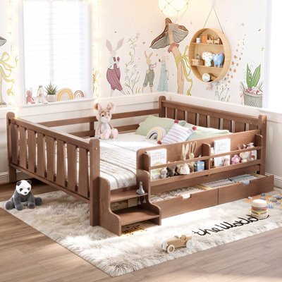 Grand lit au sol avec bibliothèques et tiroirs de rangement, lit en bois massif pour enfants avec de jolis escaliers et garde-corps, aucun sommier nécessaire, naturel