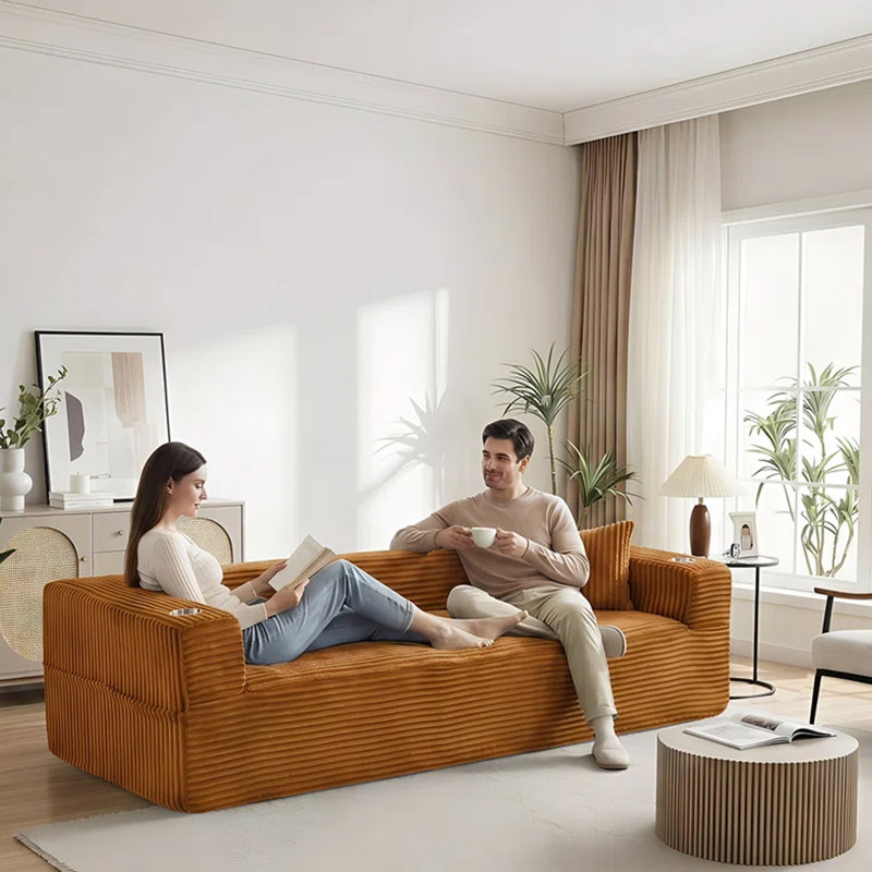 Boneless Modern 92" W Corduroy Compression Sofa with Cup Holders, Orange