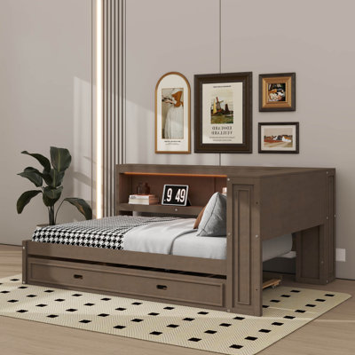 L-Shaped Full-Size Multifunctional Daybed With  Trundle, Storage Shelves, USB Ports & LED Lighting