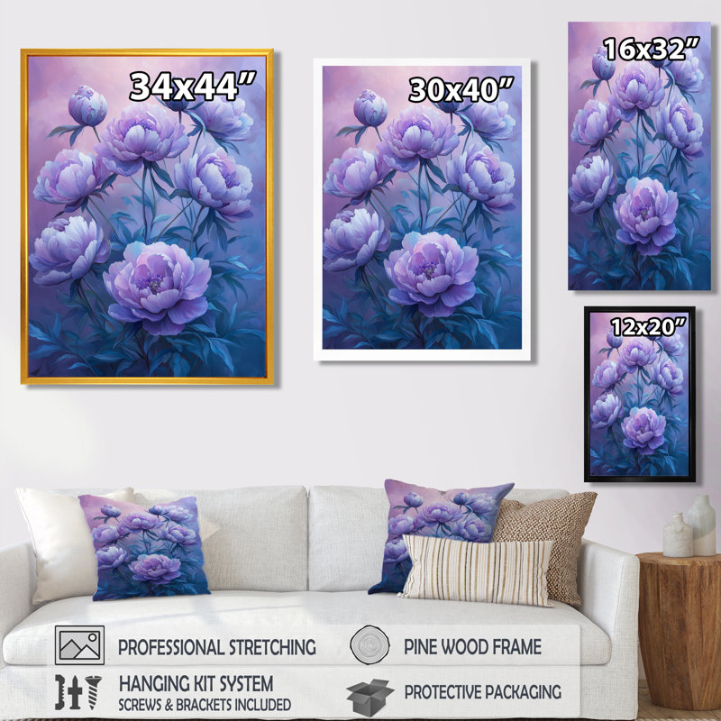 Pivoines mauves pétales d'élégance I - décorations murales pivoines, H 20 po x l 12 po, Reproduction avec cadre flottant