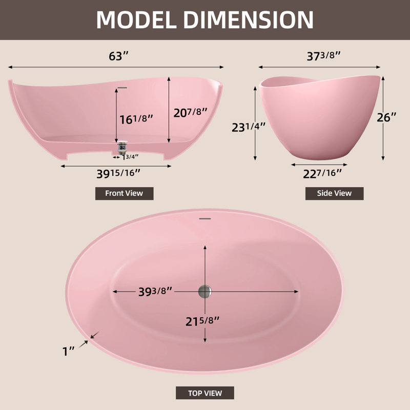 63" Matte Pink Freestanding Acrylic Bathtub Deep Soaking Tub For Bathrooms With Resin Reinforced Construction, Matte Pink