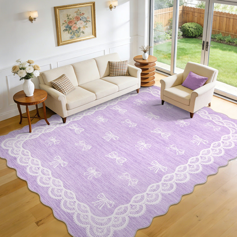 Scalloped Edge Bow Print Area Rug, Washable Non-Slip Low Pile Carpet for Living Room Bedroom, Cute Lace Border Soft Floor Mat for Home Decor
