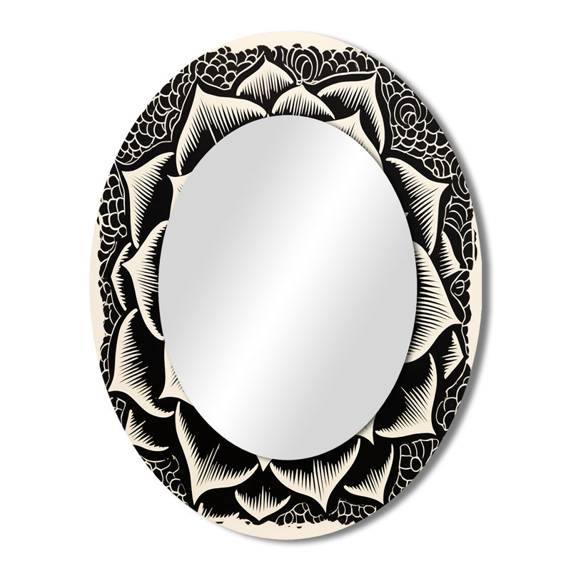 Minimal succulent en noir et blanc II - grand miroir mural ovale sur métal, 43 po x 33 po