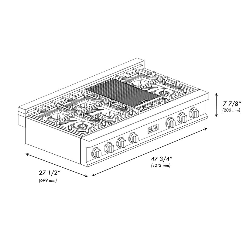 ZLINE 48" Porcelain Gas Stovetop in Fingerprint Resistant with 7 Gas Burners and Griddle, Stainless Steel
