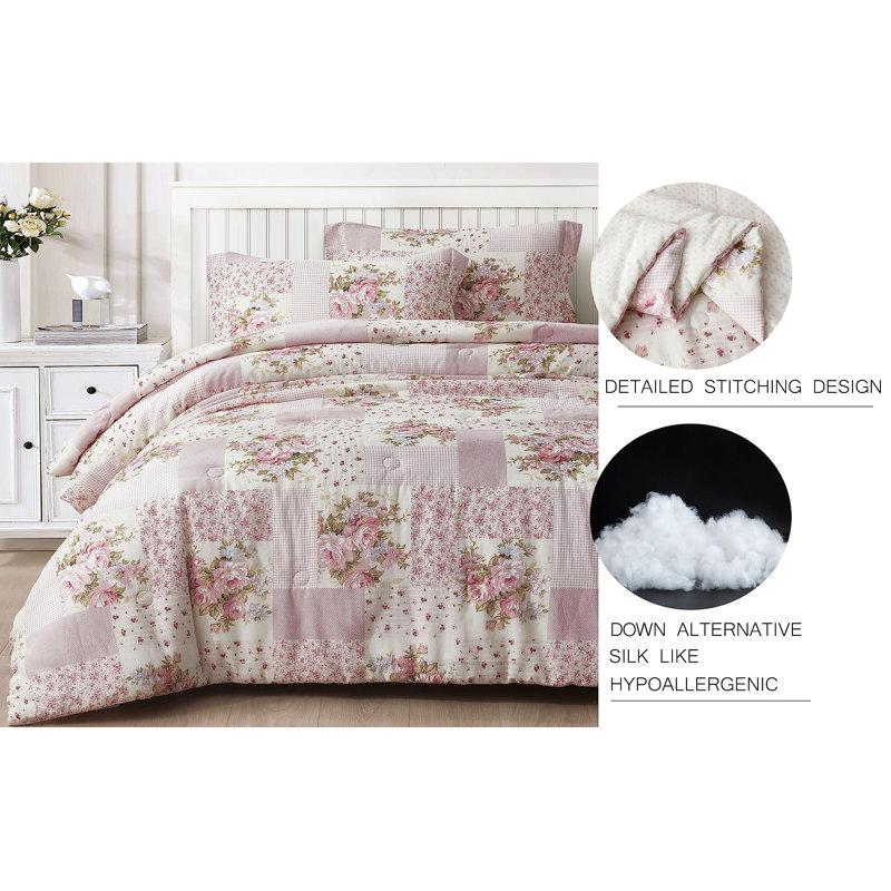 Full Size Pink Floral Cotton Reversible Comforter Set