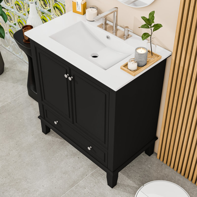 Meuble-lavabo moderne avec lavabo en céramique, tablette réglable et tiroir de rangement