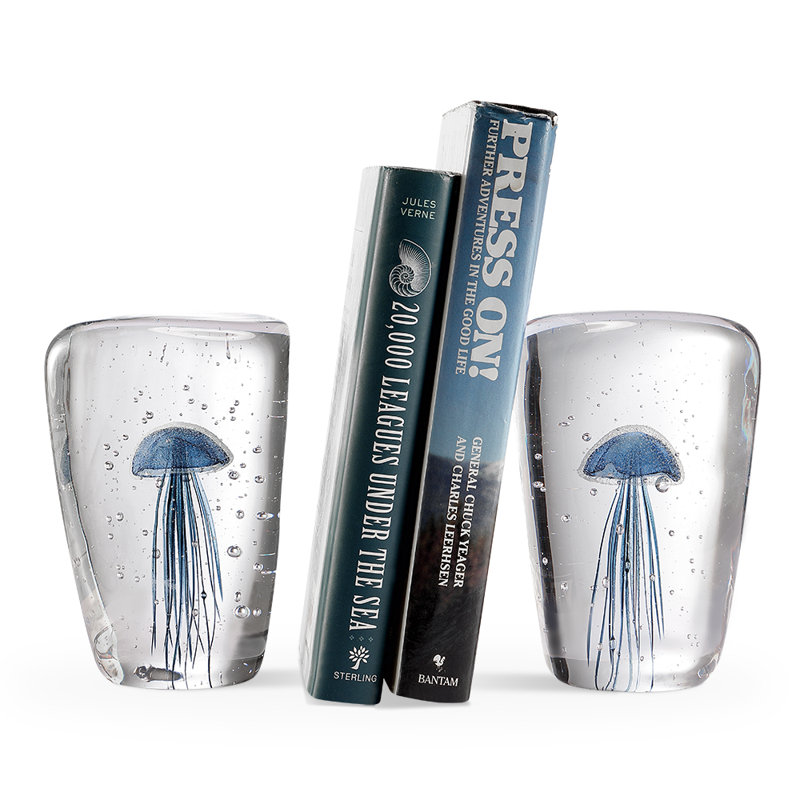 Art Glass Blue Jellyfish Bookend Pair