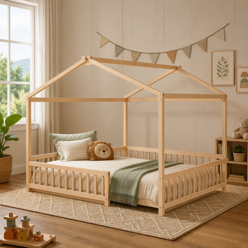 Double Twin House-Shaped Floor Bed with Safety Guardrails, without door, Natural
