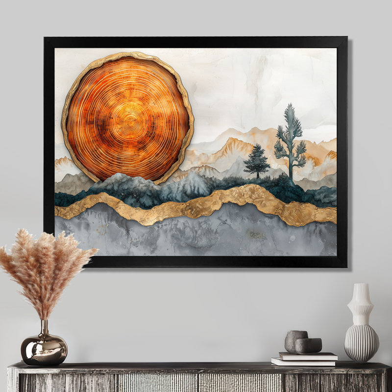 Paysage doré doré avec cactus et glissade sur bois - art mural désert, H 12 po x l 20 po, Cadre simple, Noir