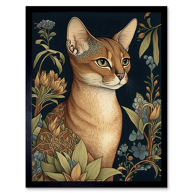 Abyssinian Cat With Flowers Nouveau Modern Watercolour - Single Picture Frame Print