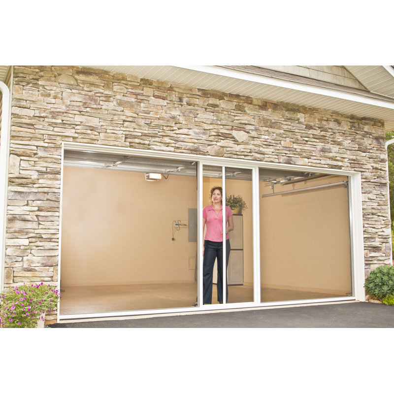 16'W x 7'H Garage Door Screen with Passage Door, Sandstone Frame/White PVC-coated Screen Mesh