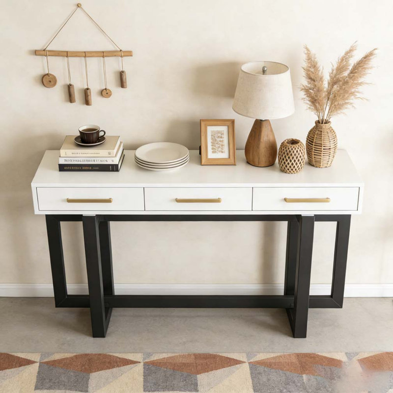 Console élégante avec trois tiroirs, Gris + blanc