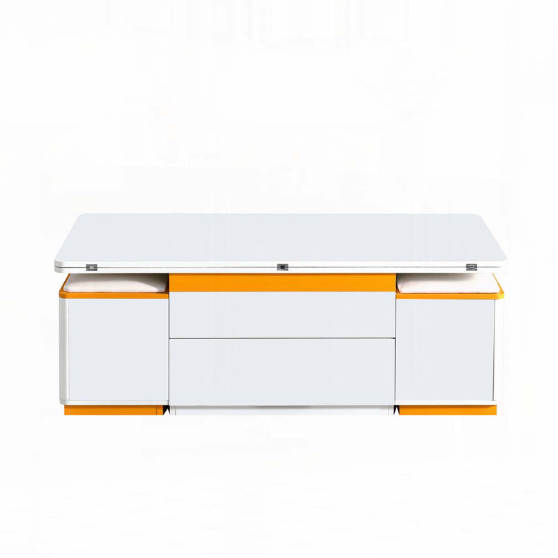 Table basse à plateau relevable avec 4 tabourets de rangement, Blanc